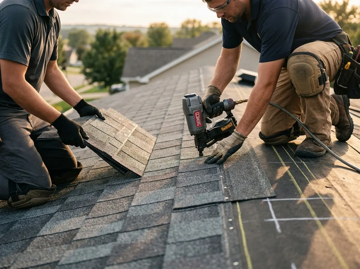 Professional roofer working on a residential roof in Manteca